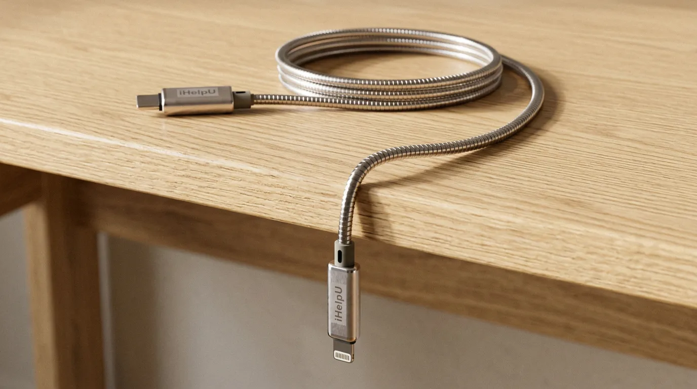 O Cabo Iron pendurado na borda da mesa, o conector solto no ar