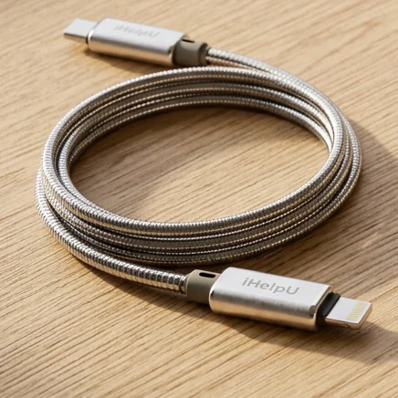 O modelo USB-C × Lightning enrolado sobre a mesa de carvalho