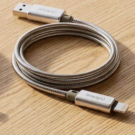 O modelo USB-A × Lightning enrolado sobre a mesa de carvalho