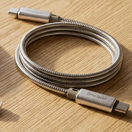O modelo USB-C × USB-C enrolado sobre a mesa de carvalho